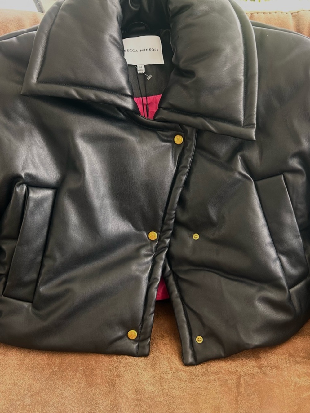 Rebecca Minkoff Faux Heather Puffer Jacket Black GOLD Buttons S/M